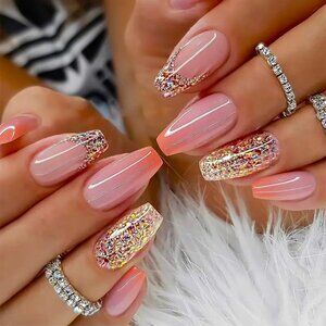 Nails Glitter Pink Press On 24 Glossy Stylish Trendy Sexy Glam Gold Reusable Fun